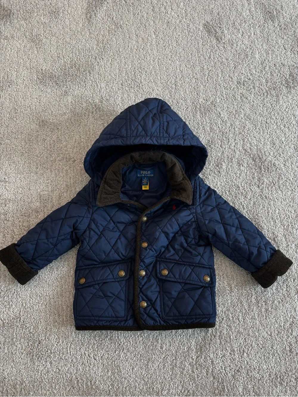 Like New - Ralph Lauren Quilted Navy Hooded Puffer with Corduroy Trim